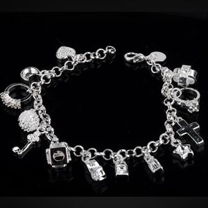 Fashion Trendy Jewelry Chic Silver Color Plated Bracelet Moon Heart Lock Cross